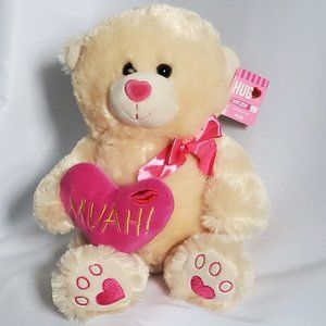 HugFun Int Beige Teddy Bear Embroidered Love Heart 13” Plush Stuffed Ani…